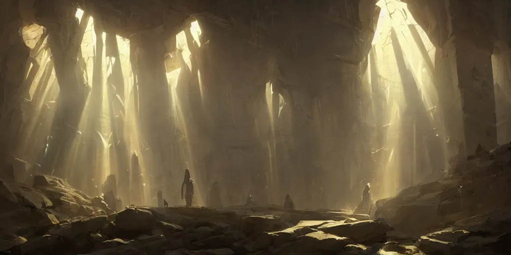 Image similar to gods basement, divine, shinig rays of light by greg rutkowski, trending on artstation