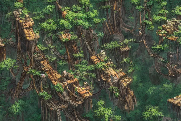 Prompt: a wood - elf village suspended high up in the redwood tree canopies, connected by rope bridges, fantasy setting, dense vegetation, very detailed, d & d concept art, 4 k