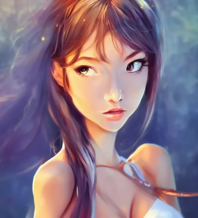 Image similar to illustration rendering of a beautiful girl with swords epic photorealistic portrait in go nagai ishikawa ken disney pixar style depth of field lens flare leica zeiss detailed trending award winning on flickr artstation