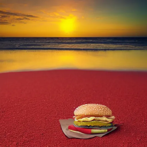 Prompt: mcdonalds on a red sand beach, green ocean, nebula sunset