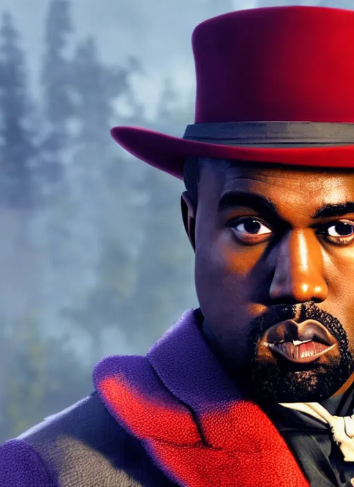 Image similar to portrait kanye west as willy wonka in red dead redemption 2, splash art, movie still, cinematic lighting, ray tracing, octane render, long lens, shallow depth of field, bokeh, anamorphic lens flare, 8 k, hyper detailed, 3 5 mm film grain