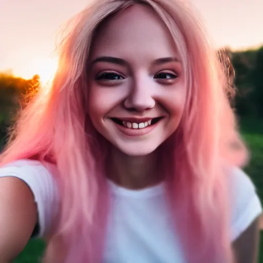 Image similar to beautiful hyperrealism selfie of a cute 3 d young woman smiling sofly, long light pink hair, flushed face, small heart - shaped face, amber eyes, golden hour, 8 k, instagram