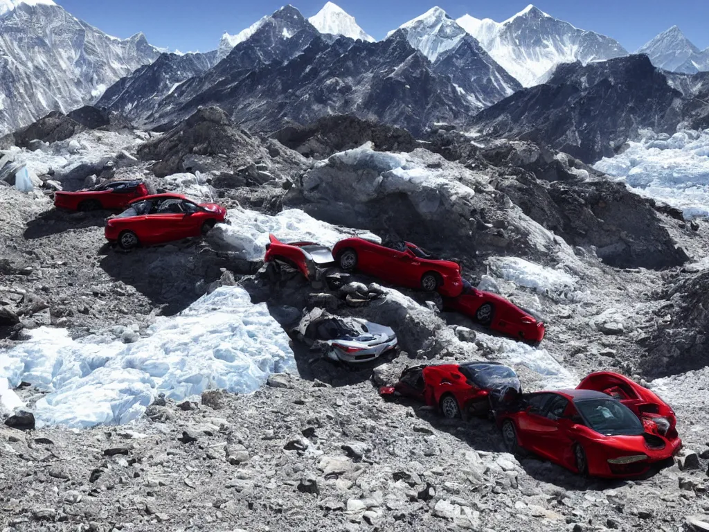 Image similar to mount everest with crashed ferraris, 3 model l