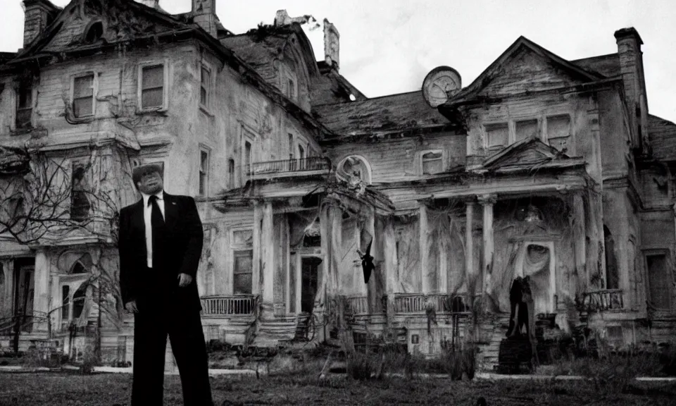 Image similar to 35mm film still, Resident evil, Donald trump in front of mansion, zombie, spooky, horror, old, dirty, reversal film stock