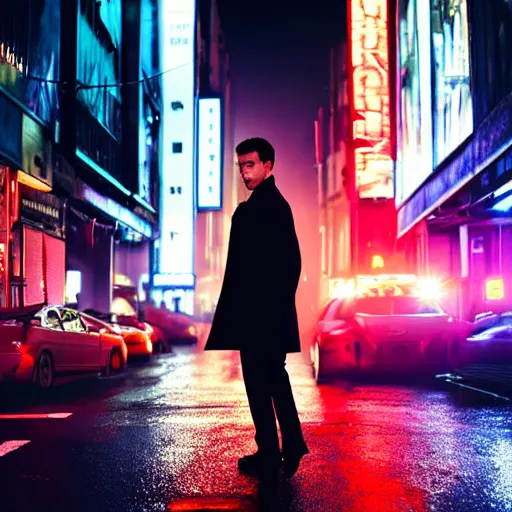 Prompt: a cinematic shot of a man in a trench coat walking down a busy city street at night, wet ground, in the style of blade runner, colorful, neon