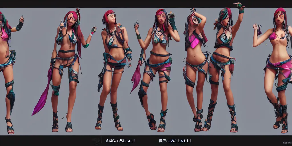 Prompt: beautiful character sheet of gorgeous pool party Akali (wild rift). 3d render, octane render, realistic, highly detailed, trending on artstation