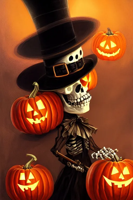 Image similar to portrait of a skeleton with a top hat holding a jack - o - lantern, halloween night, charlie bowater, artgerm, ilya kuvshinov, krenz cushart, ruan jia, realism, ultra detailed, 8 k resolution