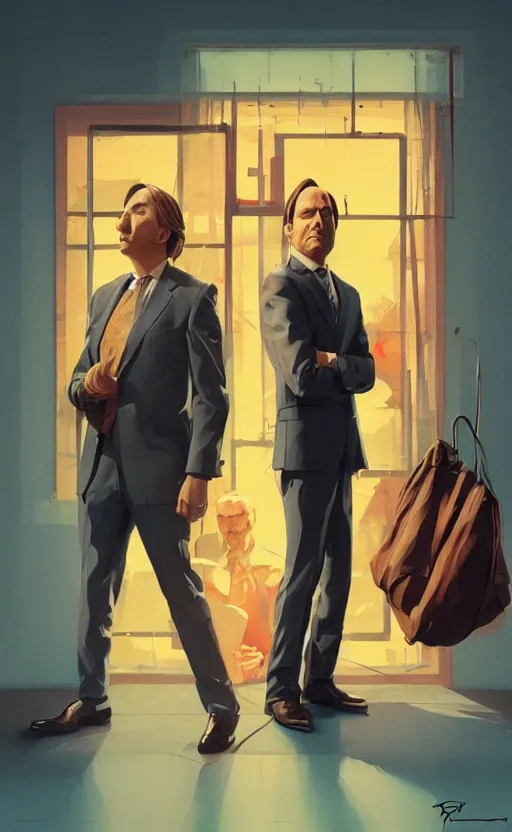 Image similar to saul goodman, poster of better call saul, perfect pose, vintage, matte painting, illustration,, by rhads, by greg rutkowski, by greg tocchini, by james gilleard, by joe fenton