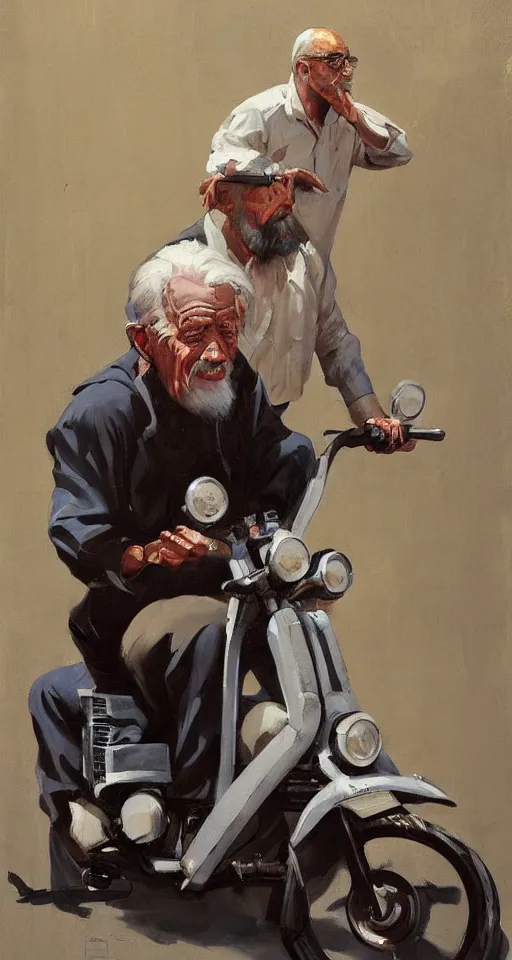 Image similar to greg manchess portrait painting of old man on moped motorbike, medium shot, asymmetrical, profile picture, organic painting, sunny day, matte painting, bold shapes, hard edges, street art, trending on artstation, by huang guangjian and ail elvgren and sachin teng