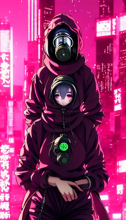 Image similar to cyberpunk anime girl in hoodie, cyberpunk gas mask, 3 / 4 shot, street night, grafity, beautiful face, grafity, arcane, action, tokyo street, detail, good face, pose model, concept art, in style of yoji shinkawa, pan ren wei, col price, atey ghailan, by greg rutkowski, aesthetic