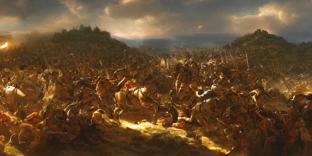 Prompt: Highly detailed and atmospheric Romantic-period oil painting of the battle of Pharsalus, dynamic lighting, 8K