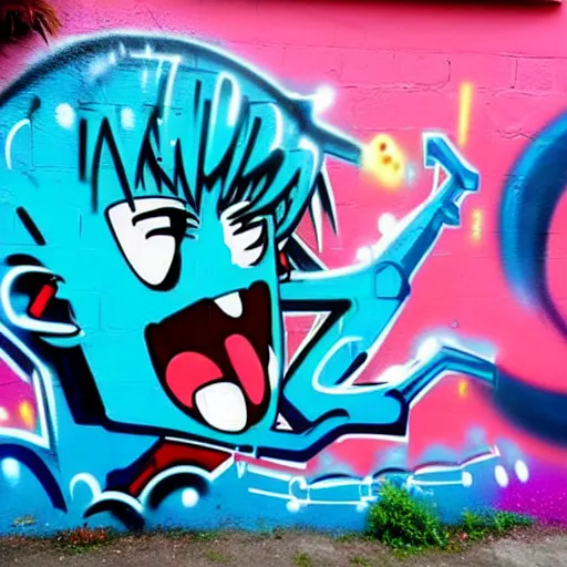 Prompt: graffiti on a wall, happy anime character ,