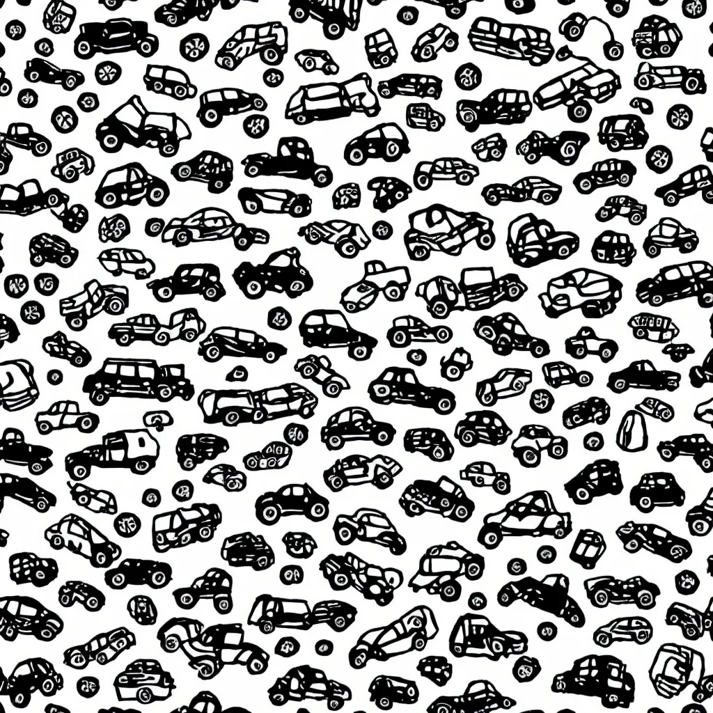 Prompt: seamless tileable pattern showing cars. black and white, drawing, white background, seamless, ornament.