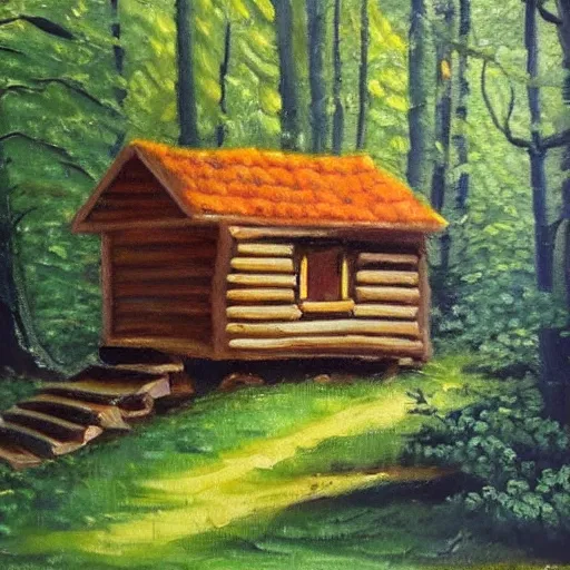 Prompt: small hut, tiny house, hidden in beautiful forest, oil painting, natural colours