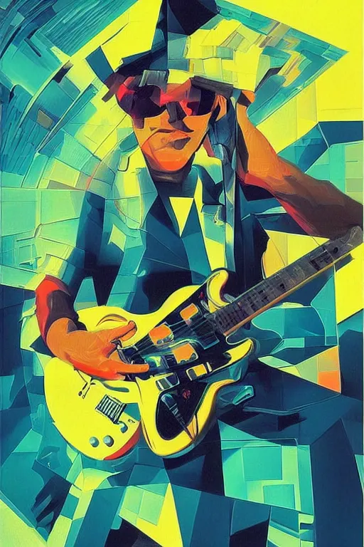 Image similar to wideangle action, portrait of a crazy guitarist, decoherence, synthwave, glitch!!, fracture, vortex, realistic, hyperdetailed, concept art, golden hour, art by syd mead, cubism