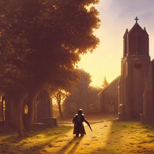 Image similar to a detailed oil painting of darth vader leaving a quaint norman flint church, english, churchyard, trees, golden hour, isometric