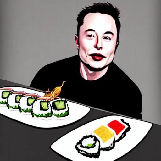 Prompt: elon musk eating sushi, digital art