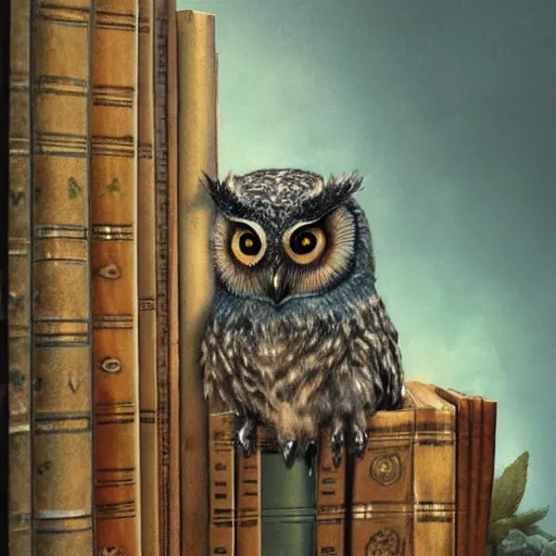 Prompt: long shot of a very cute young owl sitting on a pile of antique books, by esao andrews, by james jean, marc simonetti, humorous illustration, hyperrealistic, big depth of field, fresh colors, dim light, 3 d octane render conceptart, 4 k, hyperdetailed, trending on artstation