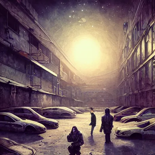 Image similar to Сyberpunk style photo on a parking lot in a Soviet slum on the moon, Neo Norilsk, sci-fi, fantasy, intricate, very very beautiful, elegant, highly detailed, smooth, Unreal Engine 5, sharp focus, illustration, art by artgerm and greg rutkowski and alphonse mucha and evgeny zubkov