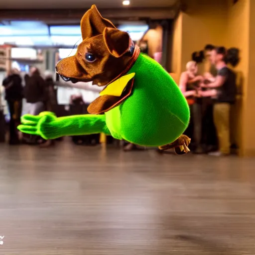 Prompt: dslr photo of kermit the frog dancing with a caramel dog