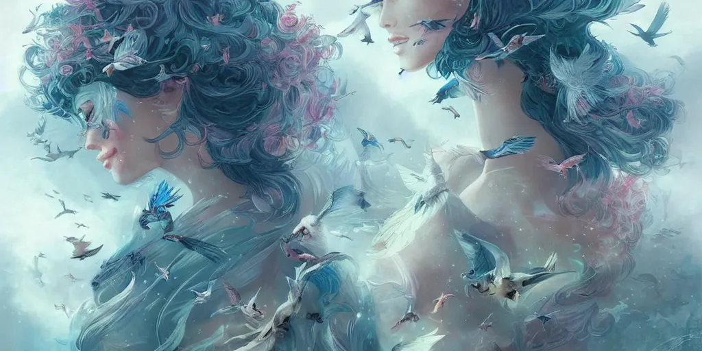 Image similar to A flock of birds transforming into a beautiful princess by ross tran, hyper-detailed, intricate, wide angle, beautiful, fantasy, concept art