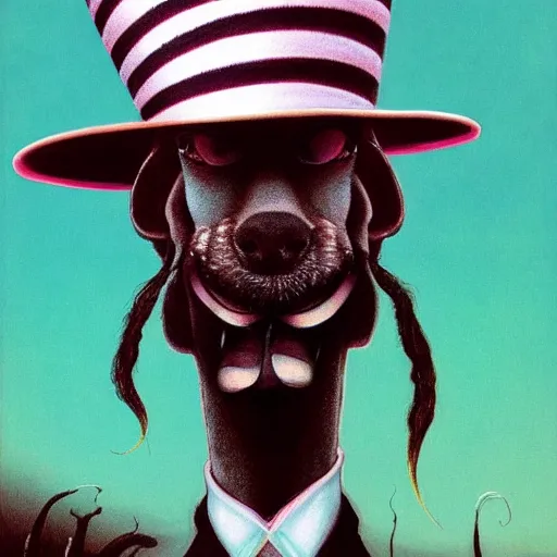 Image similar to a smiling Snoop Dog with a tall hat and a black and white striped suit, grunge, loony toons style, illustrated by zdzisław Beksiński and dr seuss., Trending on artstation, artstationHD, artstationHQ, 4k, 8k