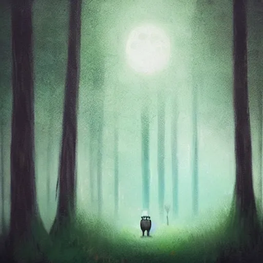 Prompt: bigfoot walking in forest, surreal photography, moon light, dark night, dramatic, impressionist painting, clouds, digital painting, artstation, simon stalenhag