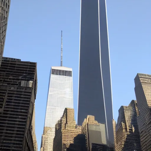 Image similar to Barney the Dinosaur flying a 777 right into one of the world trade center buildings