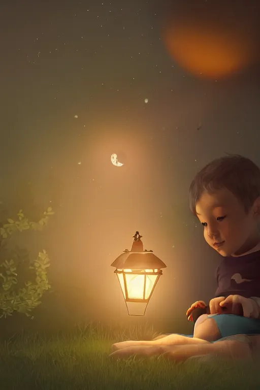 Prompt: a little boy and his cat sit at night, lantern light besides, photorealistic face and skin tones, dreamy moonlit nightscape by the garden, lake house, smooth, matte colors, trending on artstation, 4 k, 8 k