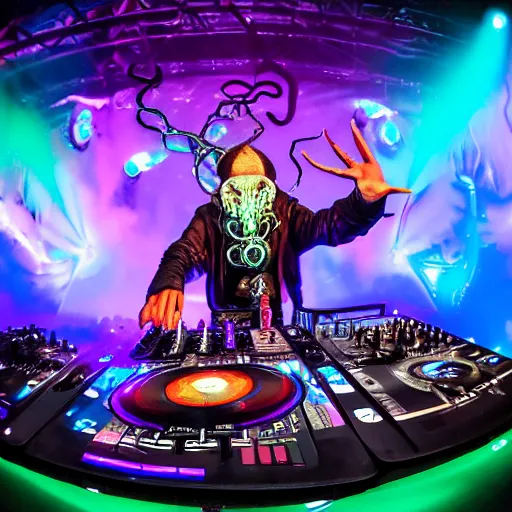 Prompt: award winning photo of an octopus! as a dj with tentacles! simultaneously placed turntables cdjs and knobs of a pioneer dj mixer. sharp, blue and fuschia colorful lighting, in front of a large crowd, studio, medium format, 8 k detail, volumetric lighting, wide angle, at an outdoor psytrance festival main stage at night