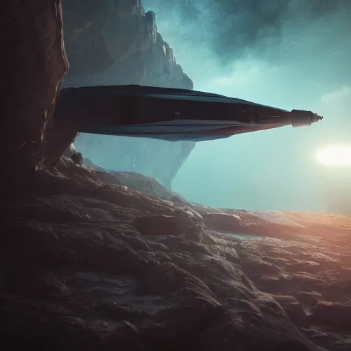 Prompt: A large space futuristic craft hovering next to a cliff, gloomy skies, dawn, artwork by Stefan Kopinski and Guillem H. Pongiluppi, greek setting, photo realistic, volumetric lighting, HDR, 4k, high detail