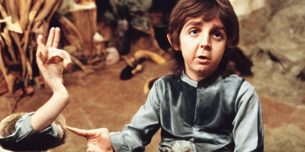 Image similar to A full color still of young Paul McCartney looking at his palm, dressed as a hobbit inside his house, directed by Stanley Kubrick, 35mm, 1970