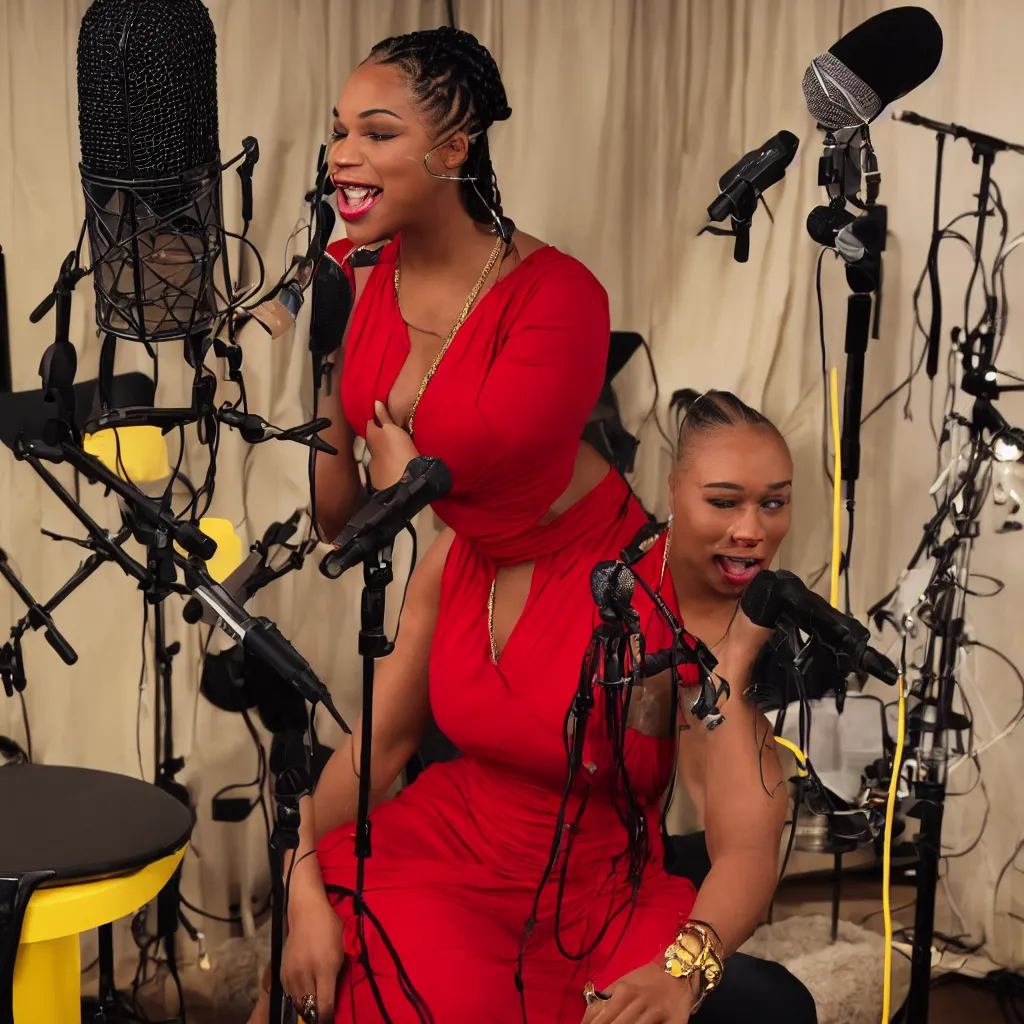 Image similar to a light-skinned black woman wearing cornrows sings into a microphone in a studio. She is wearing a red dress, sitting on a stool, and 4 or 5 yellow lamps are hanging around her. In the style of Bijou Karman