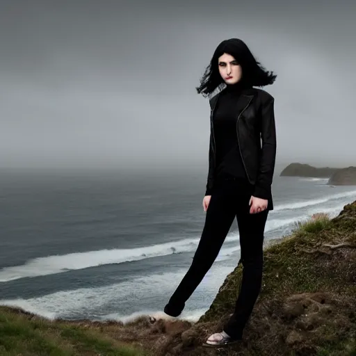 Image similar to 1 7 - year - old pale - skinned persian girl with black long bob cut, long hair, black gothic jacket, blue jeans, psychic girl, psychokinetic girl, standing on cliff along the irish coast, overcast gray skies, ultra - realistic, sharp details, subsurface scattering, intricate details, cold lighting, highly detailed, photorealistic, octane render, 8 k unreal engine