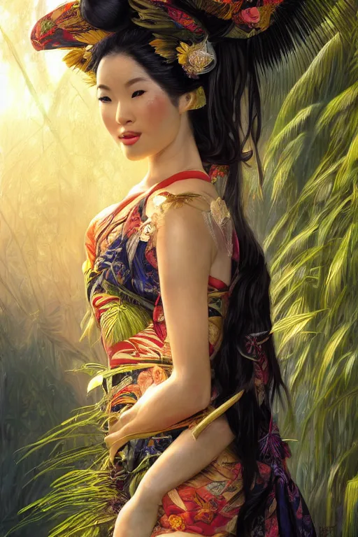 Image similar to stunningly beautiful, peruvian geisha prima ballerina in jungle, symmetrical face, golden hour, smooth, focus, highly detailed, hyper realistic, dramatic lighting, elegant, intricate, concept art, art by wlop, mars ravelo, greg rutowski, artstation