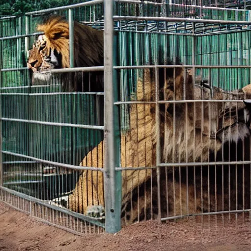 Image similar to lion and a tiger roaring in cage at the zoo wearing a hat