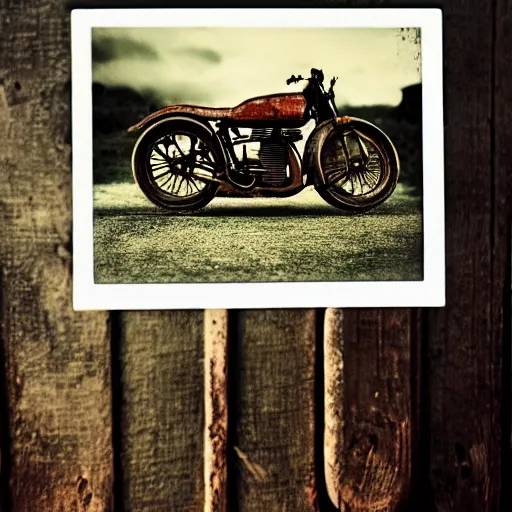 Image similar to Countryside vintage motorcycle, dramatic lighting, polaroid,highly detailed