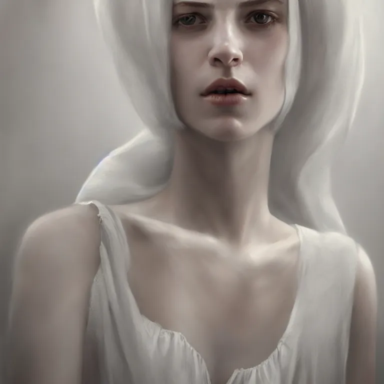 Image similar to a wonderful realistic portrait of a lonely woman with a detailed wonderful symmetrical face who is dressed with a wonderful, majestic, large semi transparent white cotton dress ornate accent white lighting, dramatic light, octane render by roberto ferri, fantasy art, photo realistic, dynamic lighting, unreal engine rendered, artstation, poster, dramatic light, - 8 k, award winning