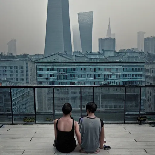 Image similar to a small rooftop with a couple of people sitting and watching the view, wearing black modern clothes, messy hair, modern shanghai bund in smog is on the background, sunset, by gregory crewdson