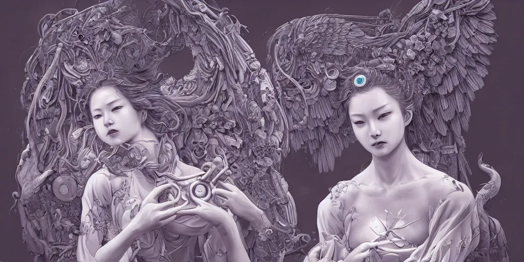 Image similar to hyperrealistic photography of a highly detailed and symmetrical gorgeous female angel constructing a birth machine in the style of Jin Kagetsu, James Jean and wlop, highly detailed, face symmetry, masterpiece, award-winning, sharp focus, intricate concept art, ambient lighting, 8k, artstation