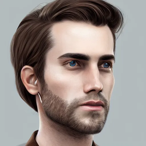 Image similar to a headshot portrait of a beautiful man with brown hair, symmetrical face, 8 k, trending artstation