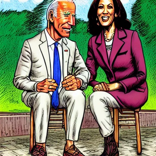 Image similar to The Artwork of R. Crumb and his Cheap Suit - Joe Biden and Kamala Harris, pencil and colored marker artwork, trailer-trash lifestyle