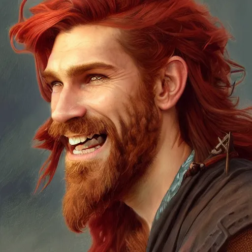 Image similar to portrait of a young ruggedly handsome but joyful pirate, male, masculine, upper body, red hair, long hair, d & d, fantasy, perfect teeth, intricate, elegant, highly detailed, digital painting, artstation, concept art, matte, sharp focus, illustration, art by artgerm and greg rutkowski and alphonse mucha