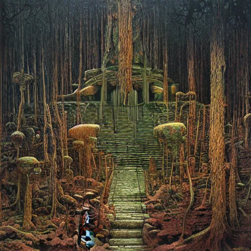 Prompt: the lost temple, forest, hyper detailed, HDR by zdzisław beksiński