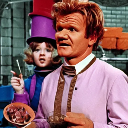 Image similar to Gordon Ramsay in Willy Wonka and the Chocolate Factory (1971)