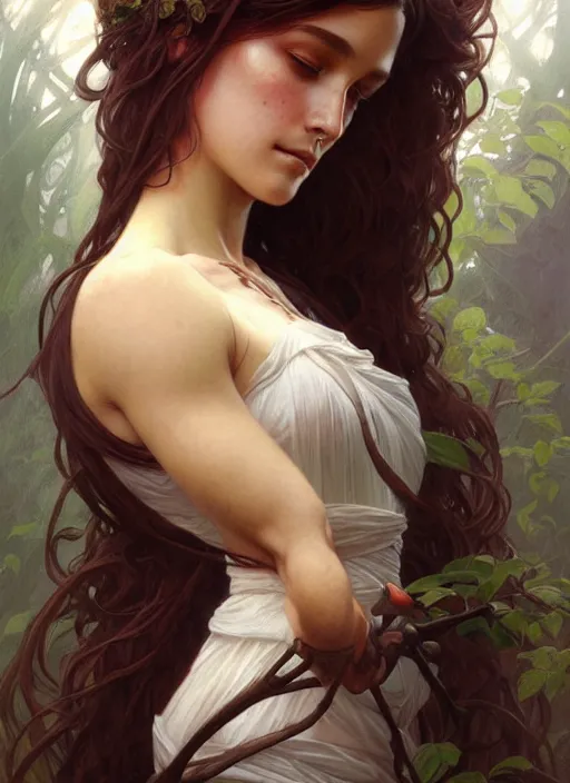 Image similar to portrait of a goddess of nature, half body, perfect face, d & d, fantasy, intricate, elegant, highly detailed, digital painting, artstation, concept art, smooth, sharp focus, illustration, art by artgerm and greg rutkowski and alphonse mucha