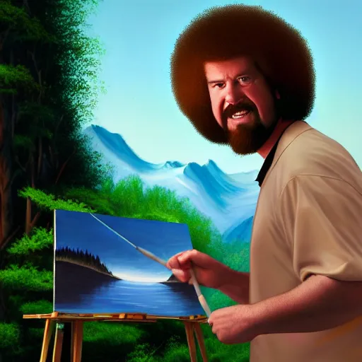 Prompt: a closeup photorealistic photograph of bob ross completing a canvas painting of kenny powers. mountains and trees. film still. brightly lit scene. this 4 k hd image is trending on artstation, featured on behance, well - rendered, extra crisp, features intricate detail, epic composition and the style of unreal engine.