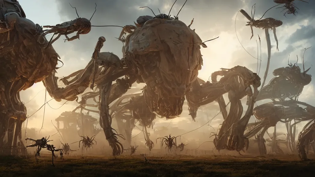 Image similar to giant insects break into a laboratory, hyperdetailed, artstation, cgsociety, golden hour 8k