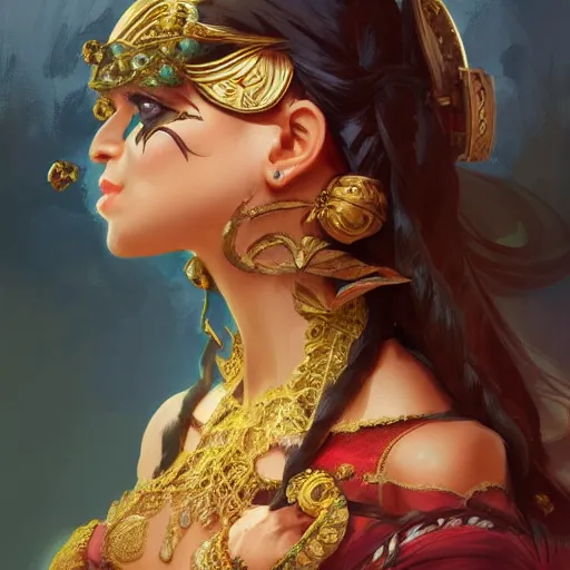 Prompt: indo-persian princess, D&D, painted fantasy character portrait, highly detailed, digital painting, artstation, concept art, sharp focus, illustration, art by artgerm and greg rutkowski and alphonse mucha