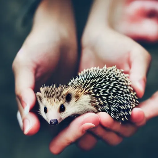 Image similar to a close up photo of a girl holding a baby hedgehog in her hand with the hedgehog upside down, real photo, real camera, dslr, intricate quality, 8 k